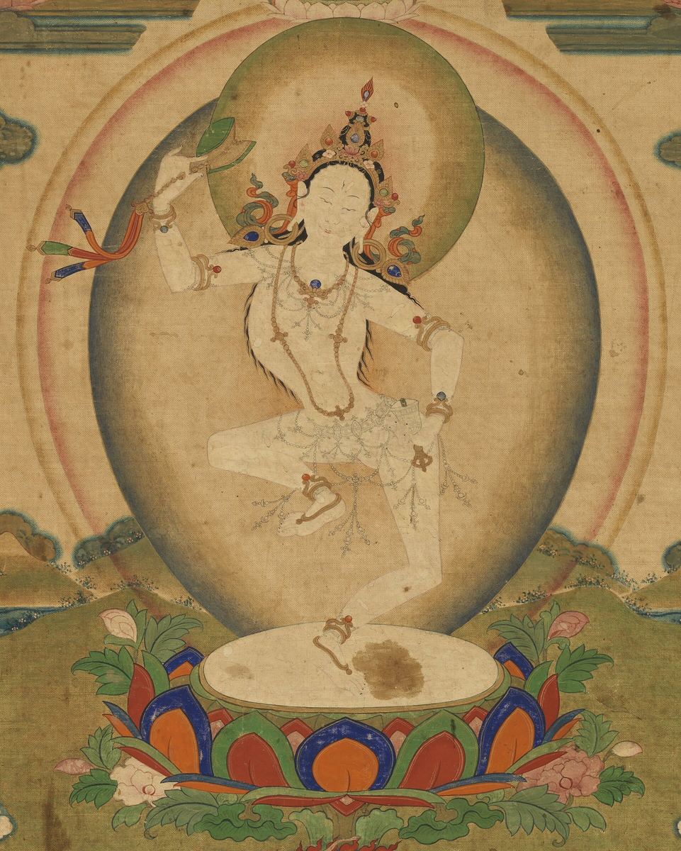 Tibetische Malerei: tanzende Yogini mit Trommel und Glocke